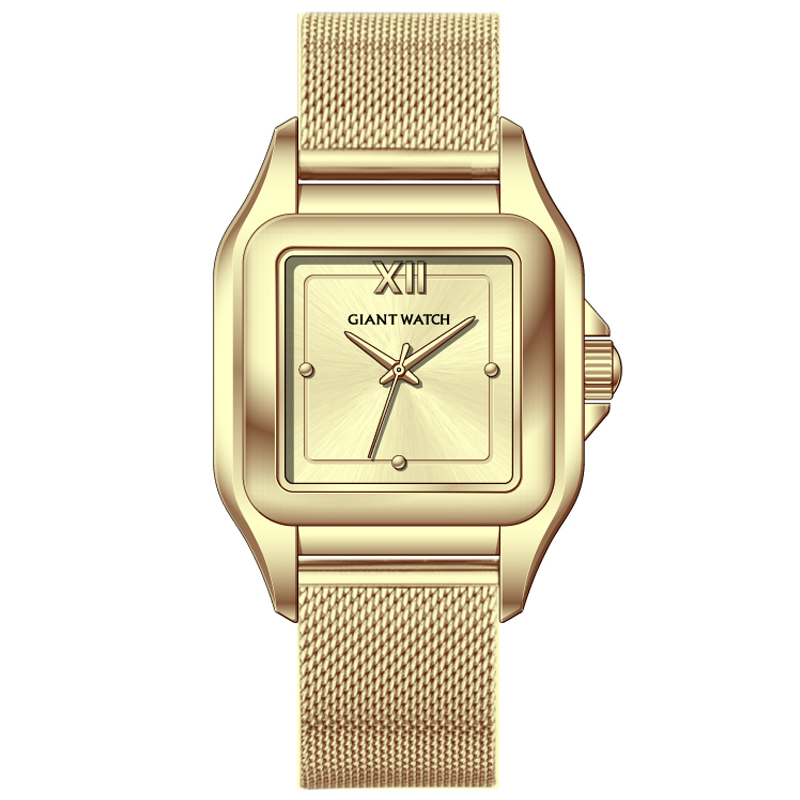 GM-8223 防水スクエアウォッチ、女性用、3ATM、22mm×30mm、メッシュストラップ、ミニマリストデザイン